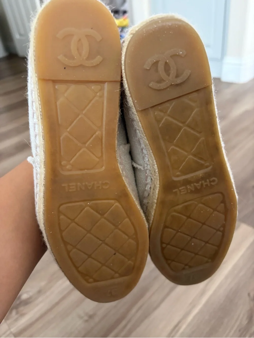 CHANEL Cream and Black Canvas Espadrilles with Frayed CC Logo